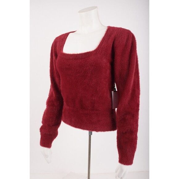 ASTR The Label Womans Fuzzy Crop Sweater Size L Maroon Wine Red Scoop Neck NWT - Picture 4 of 6